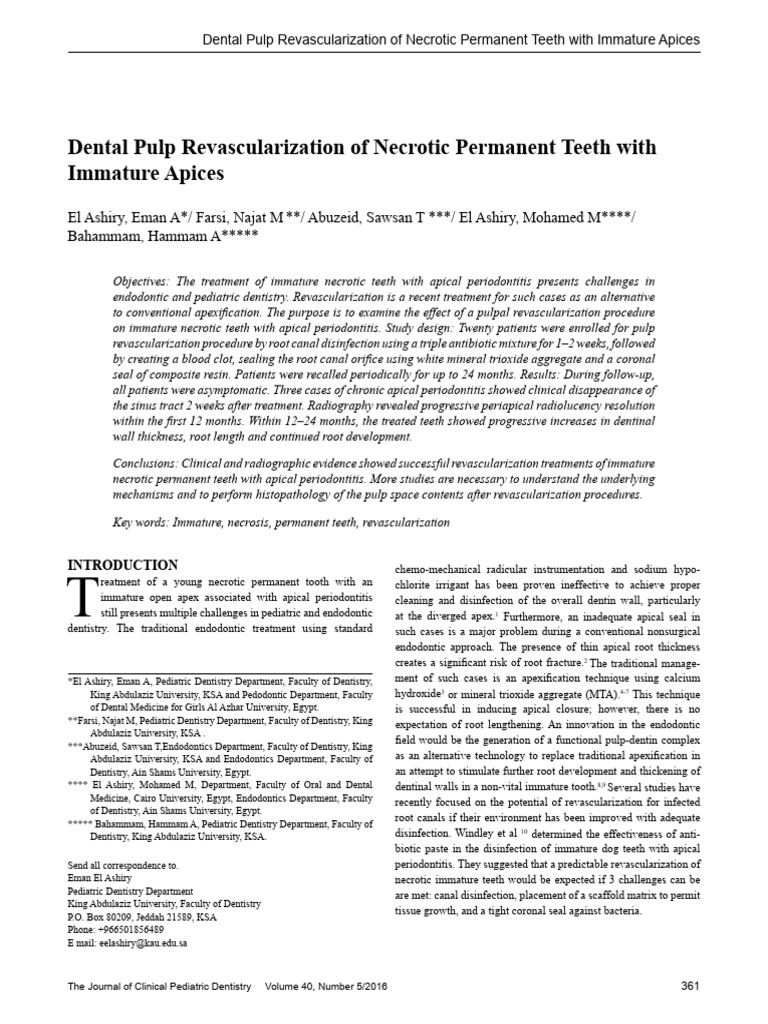 2016 Dental Pulp Revascularization of Necrotic Permanent Teeth With