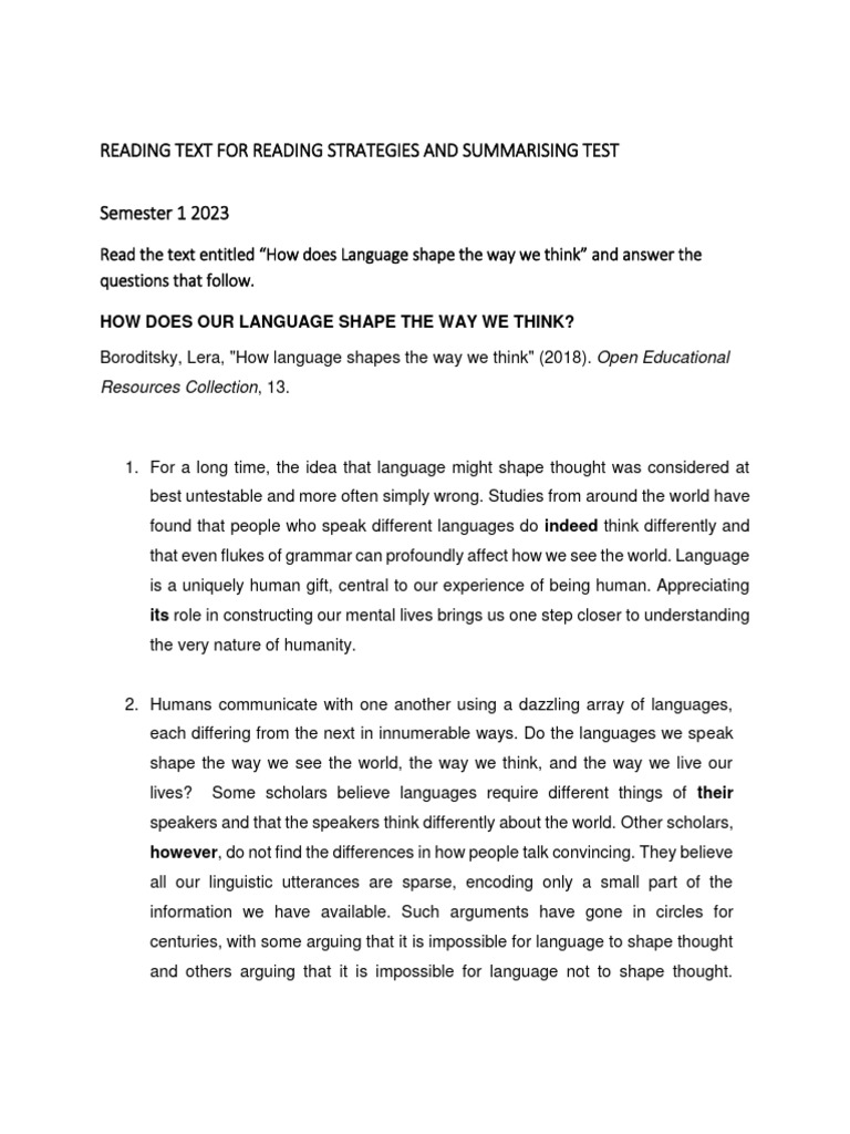 Reading Text For Reading Strategies and Summarising Test | PDF ...