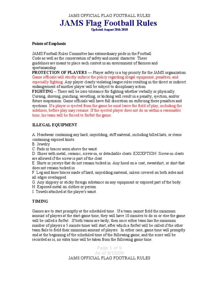 JAMS Flag Football Rules 2010 PDF American Football Sport Variants