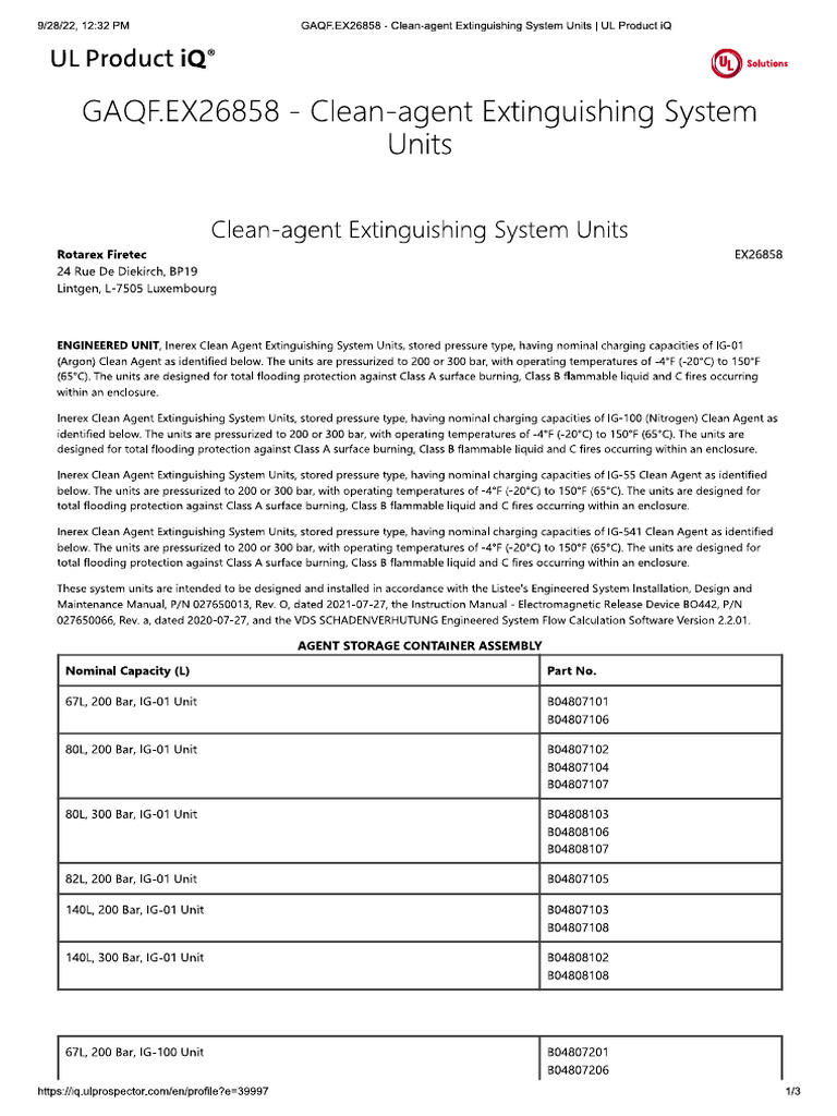 GAQF EX26858 CleanAgent Extinguishing System Units PDF