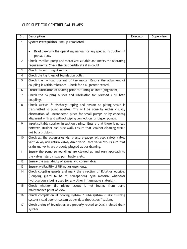 Checklist For Centrifugal Pumps PDF