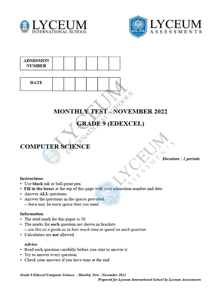 Grade 9 Edexcel Computer Science Test | PDF | Computer Science | Computing