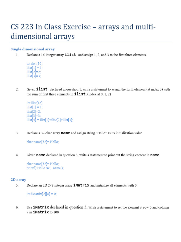 CS 223 Multi-D Array in Class Exercise | PDF