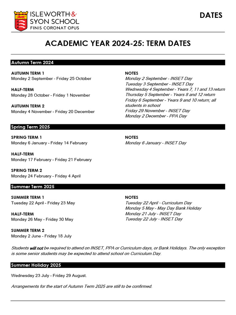 Academic Year 202425 Dates PDF