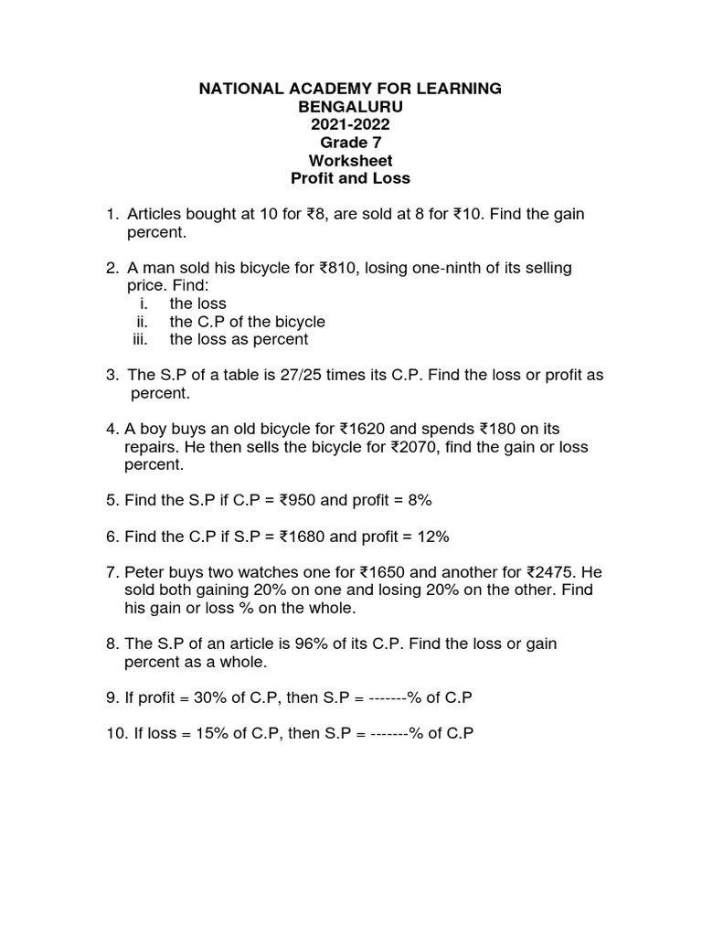 Grade 7 Math WS Profit and Loss | PDF