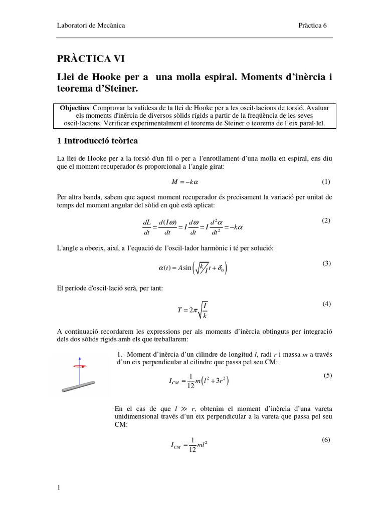 Pràctica Vi Llei de Hooke Per A Una Molla Espiral. Moments D'inèrcia I ...