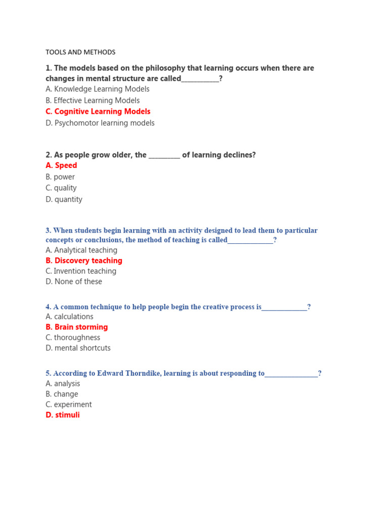 Tools Questions PDF Learning Educational Assessment
