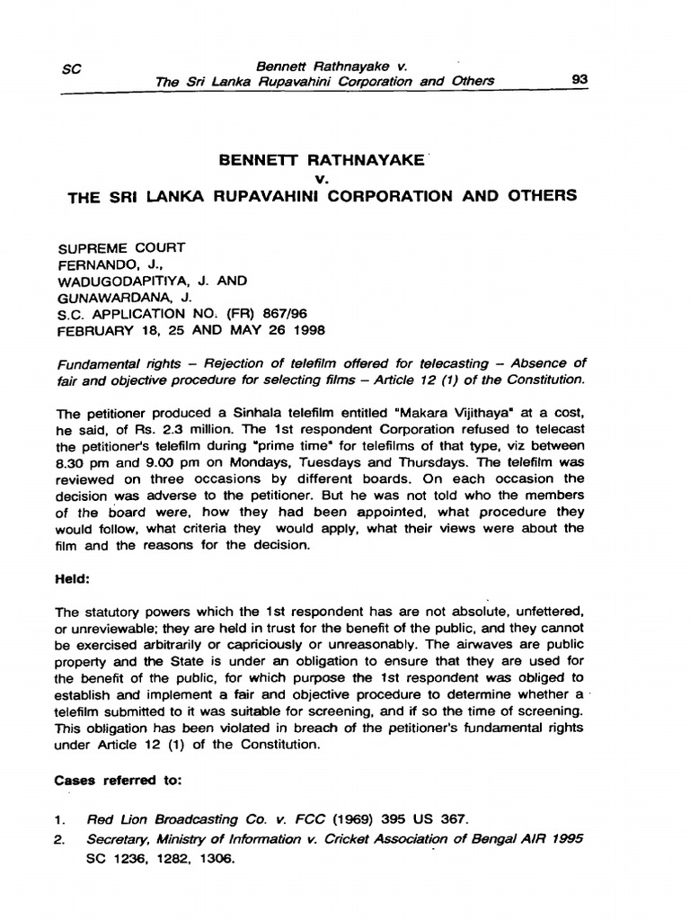 BENNET RATHNAYAKE v. THE SRI LANKA RUPAVAHINI CORPORATION AND OTHERS ...