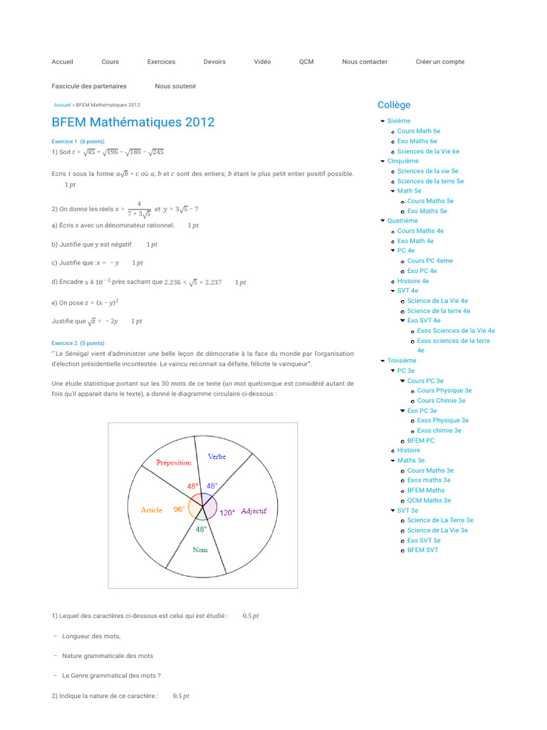 Corrigé BFEM Mathématiques 2012 | PDF | Observation | Mathématiques