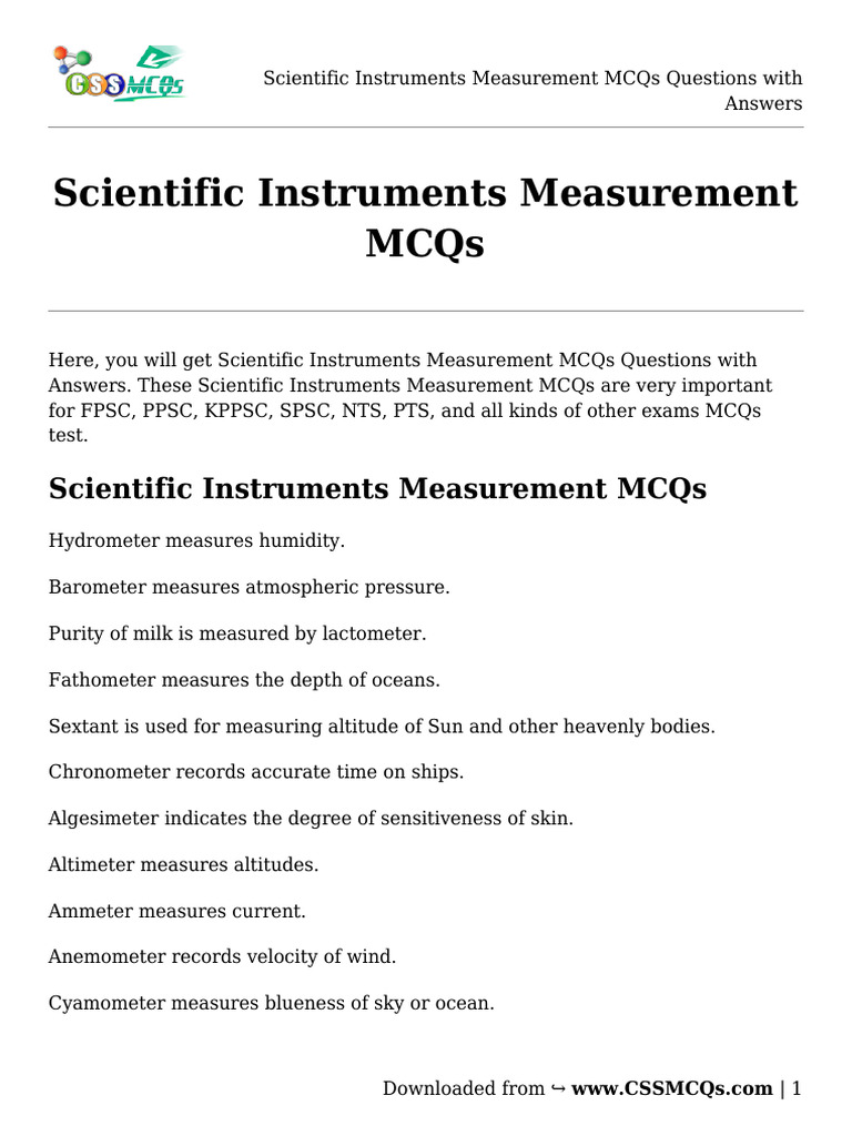 Scientific Instruments Measurement MCQs Questions With Answers PDF Measuring Instrument