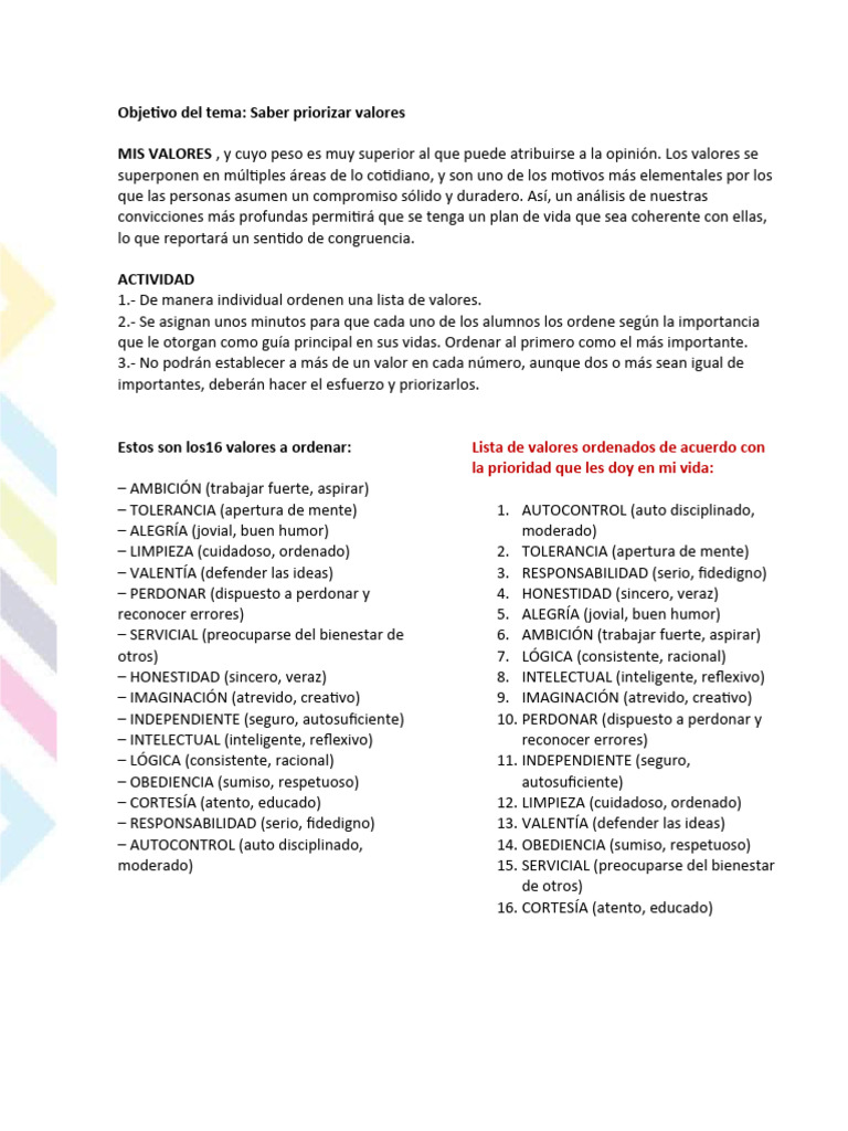 Prioriza tus valores personales | PDF | Relaciones personales, crianza ...