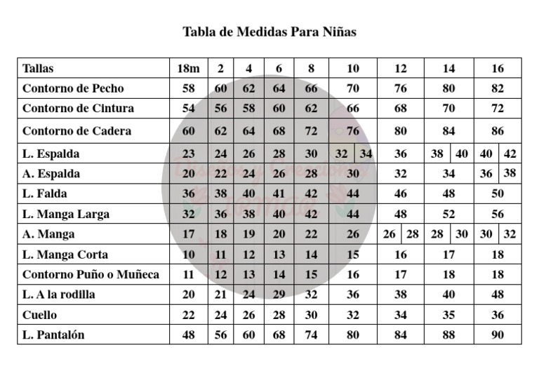 medidas para niña de 10 años