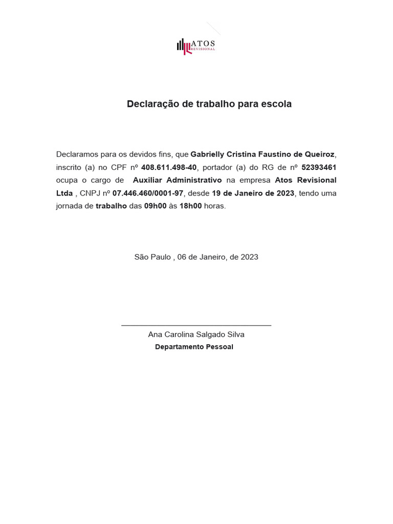 Declaração de Trabalho para Escola | PDF | Finanças e Administração de ...