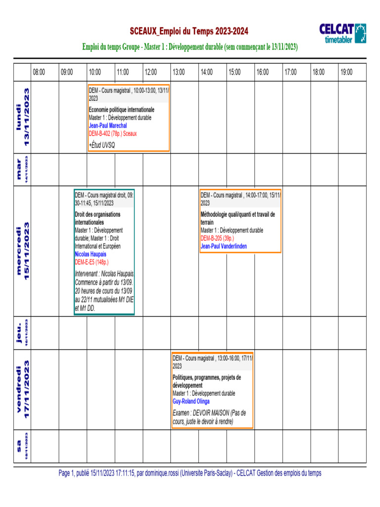 Emploi du Temps Master 1 Développement Durable | PDF | Économie | Science
