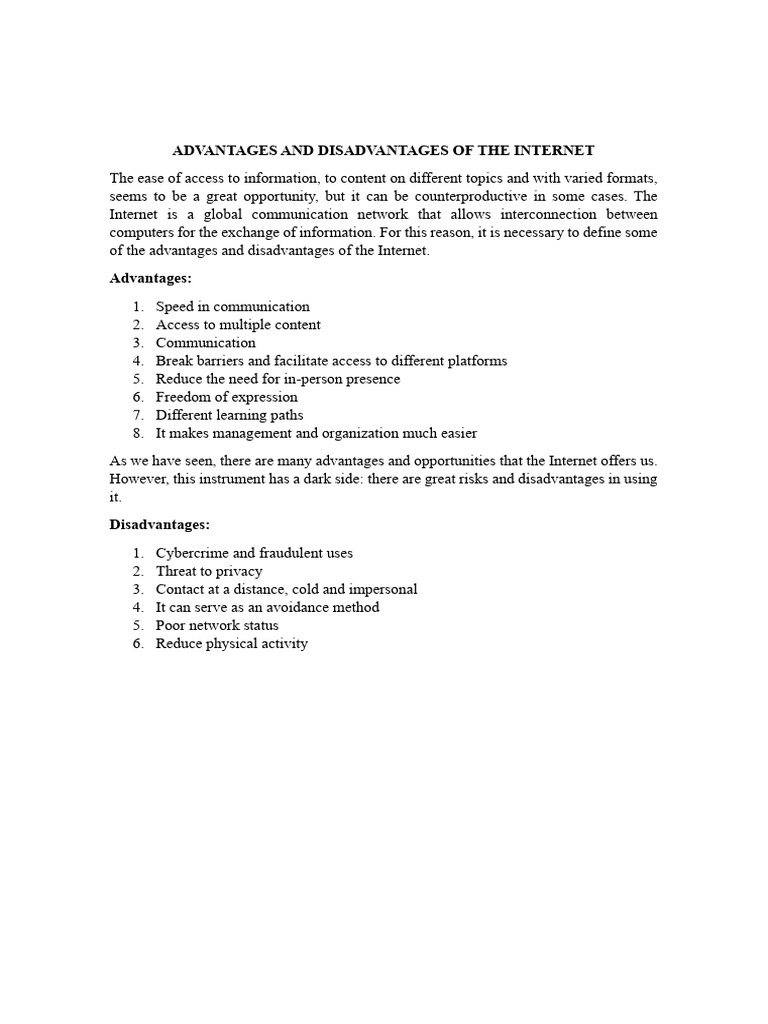 Write About Advantages and Disadvantages of The Internet | PDF