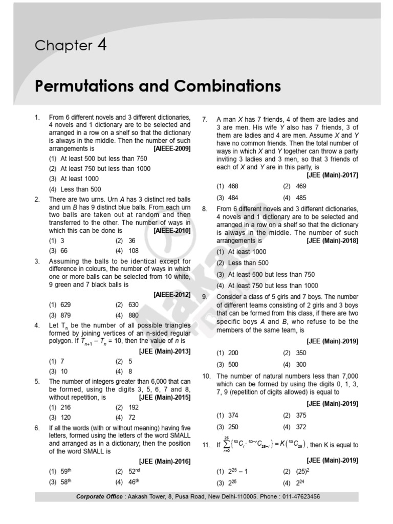 Permutations and Combinations Exercises | PDF | Mathematics ...