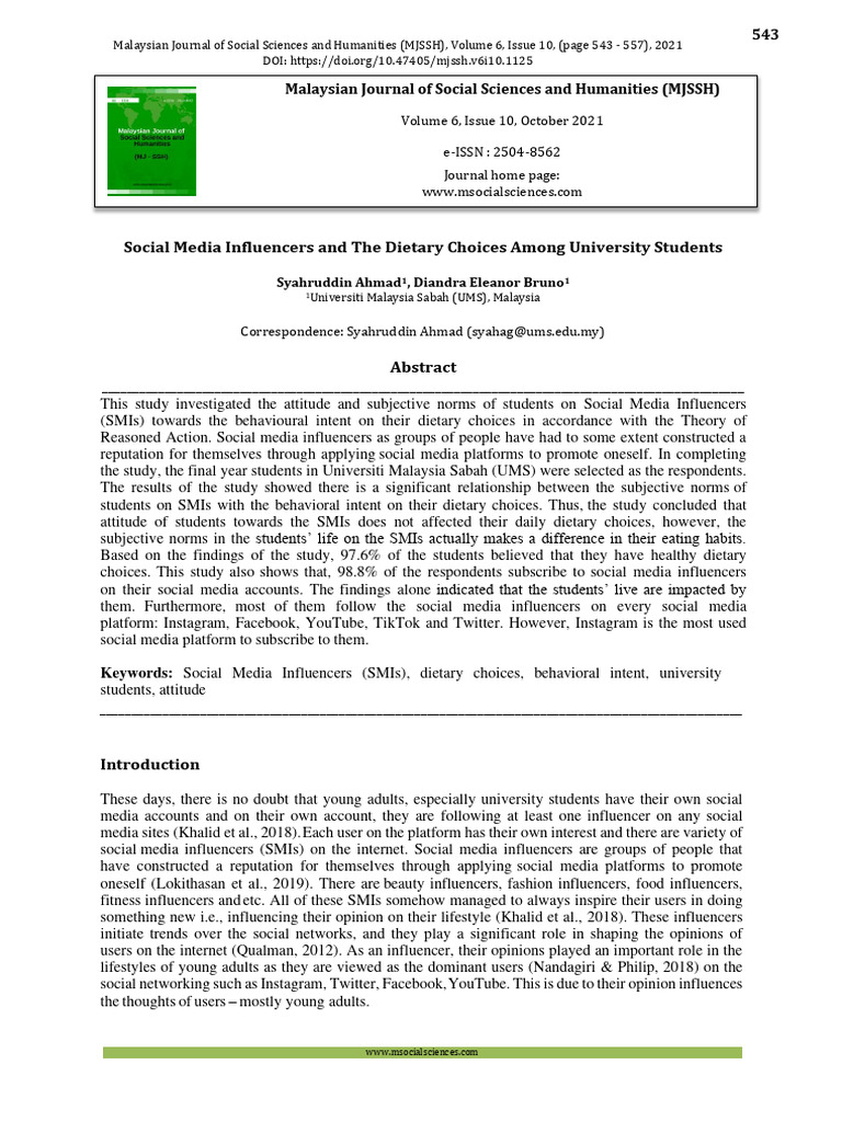 Social Media Influencers and The Dietary Choices Among University ...