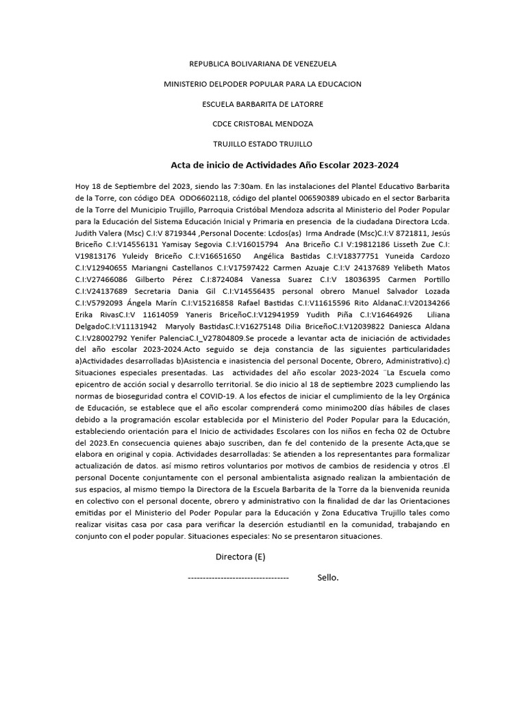 Acta de Inicio Año Escolar 2023-2024 | PDF | Ciencias sociales