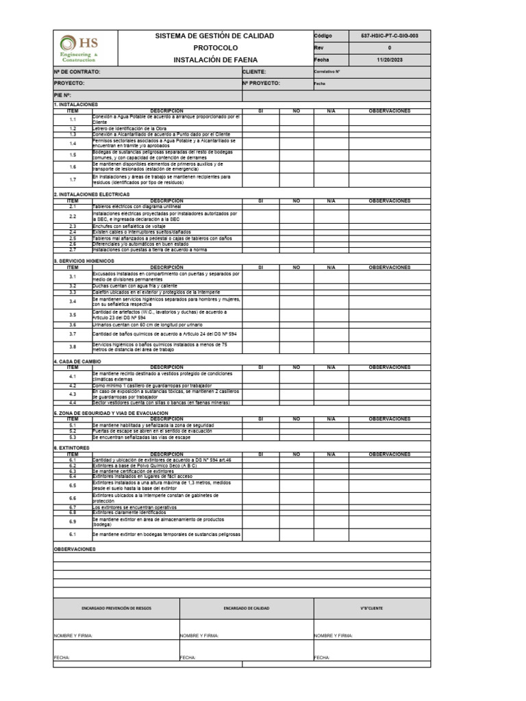 537 Hsic PT C Sig 003 r0 Instalacion de Faena | PDF