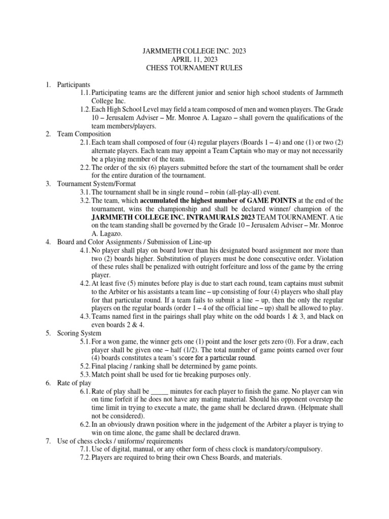 Chess Team Tournament Rules and Regulations | Download Free PDF ...