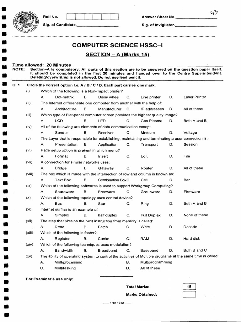 Class 11 Computer Science Past Paper 2016 | PDF