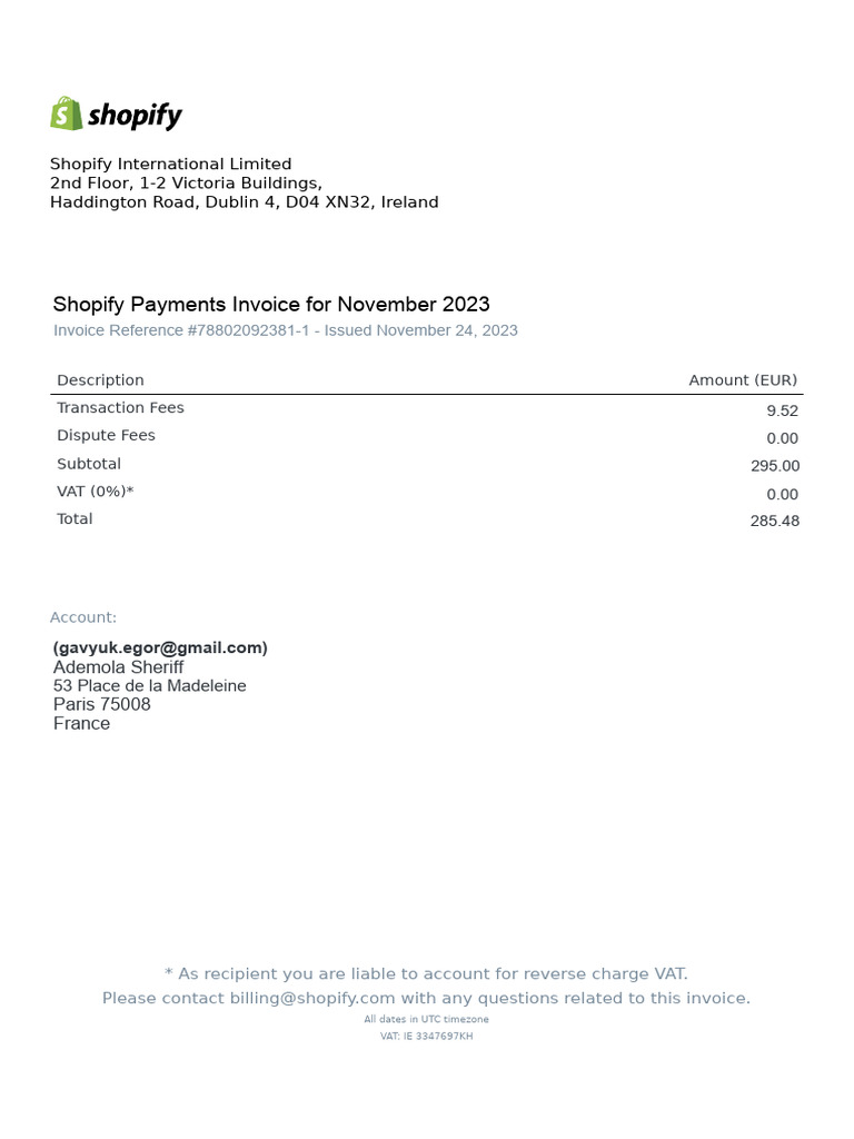 Shopify Payments Invoice Summary | PDF