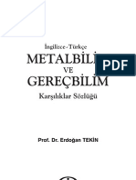 İngilizce-Türkçe METALBİLİM GEREÇBİLİM Karşılıklar Sözlüğü