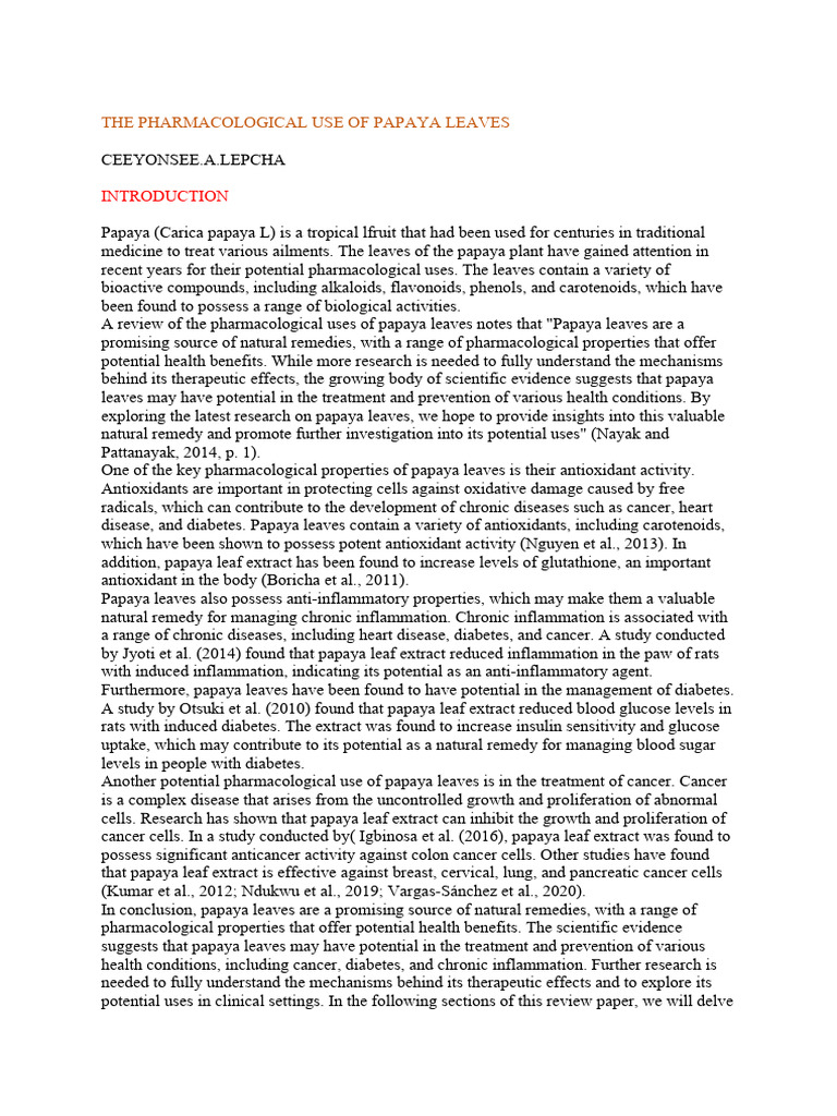 The Pharmacological Use of Papaya Leaves PDF Cancer Anti Inflammatory