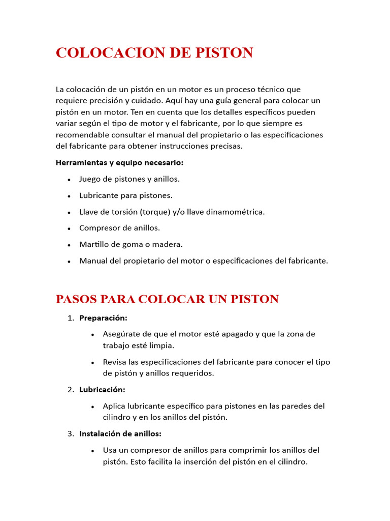 Guía para Colocar Pistones en Motores | PDF | Pistón | Motor de