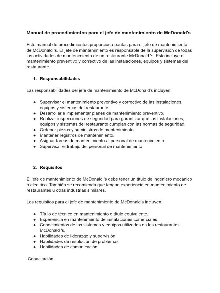 Manual de Procedimientos para El Jefe de Mantenimiento de McDonald's PDF Seguridad y salud