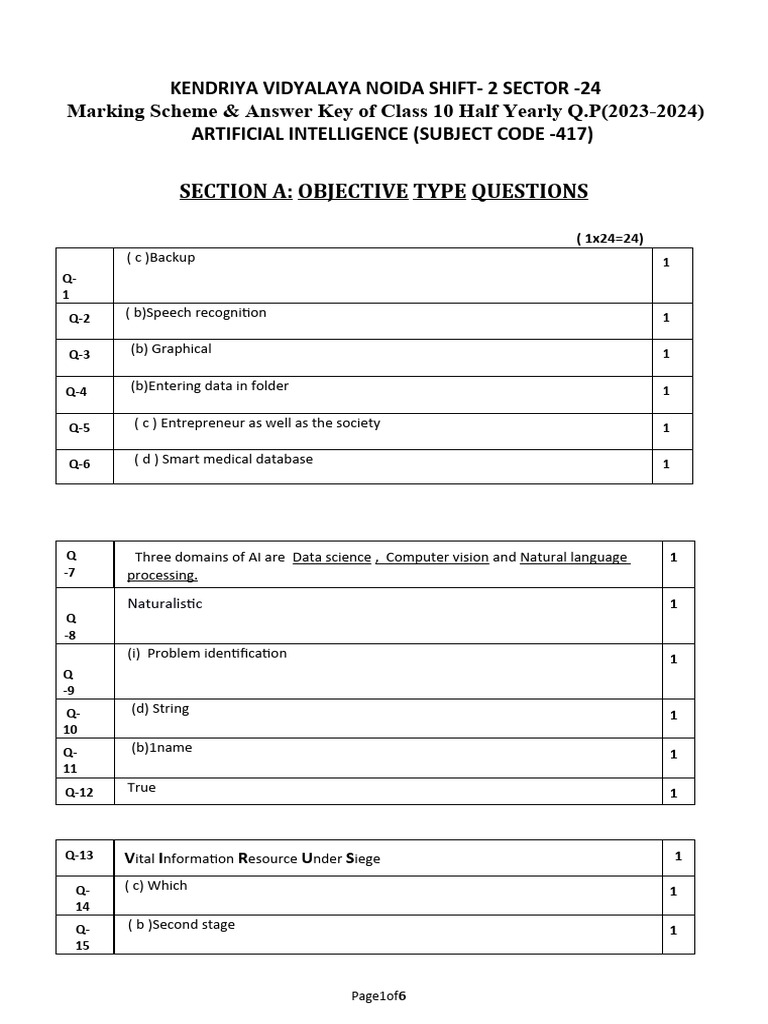 Class 10 AI Half Yearly Exam Paper | PDF | Reserved Word | Machine Learning
