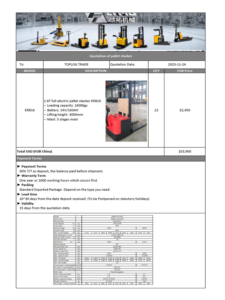 Pallet Stacker Quotation Details | PDF | Business | Science & Mathematics