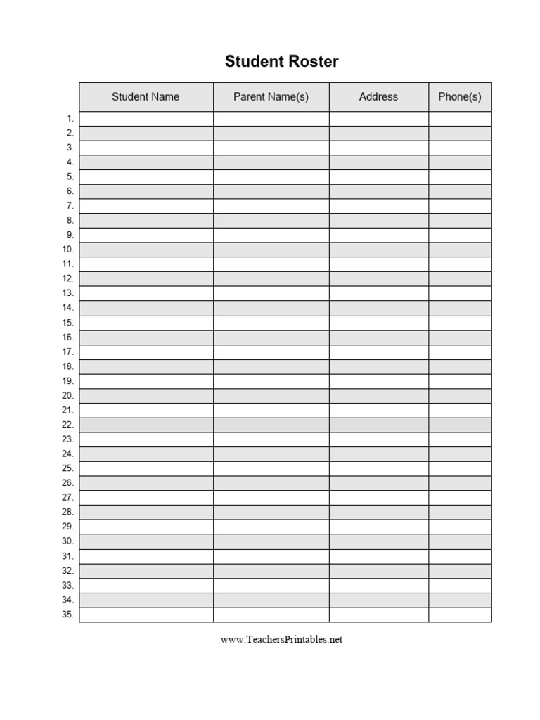 Class list template pdf