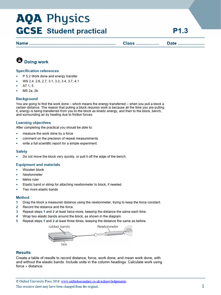 P1.3 Doing Work Practical Sheet | PDF | Force | Measurement