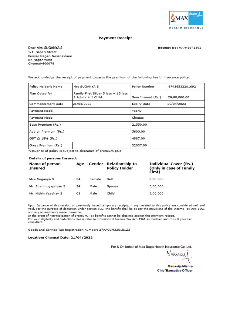 Health Insurance Premium Receipt | PDF | Taxes | Insurance