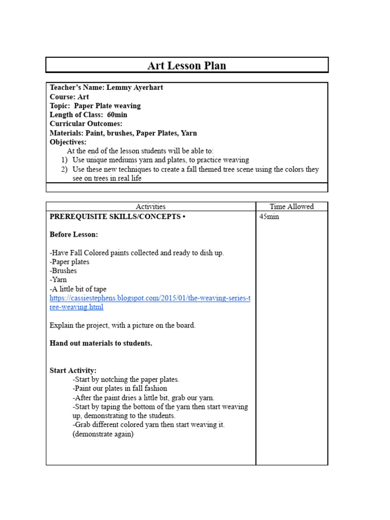 Art Lesson Plan Paper Plate Weaving | PDF