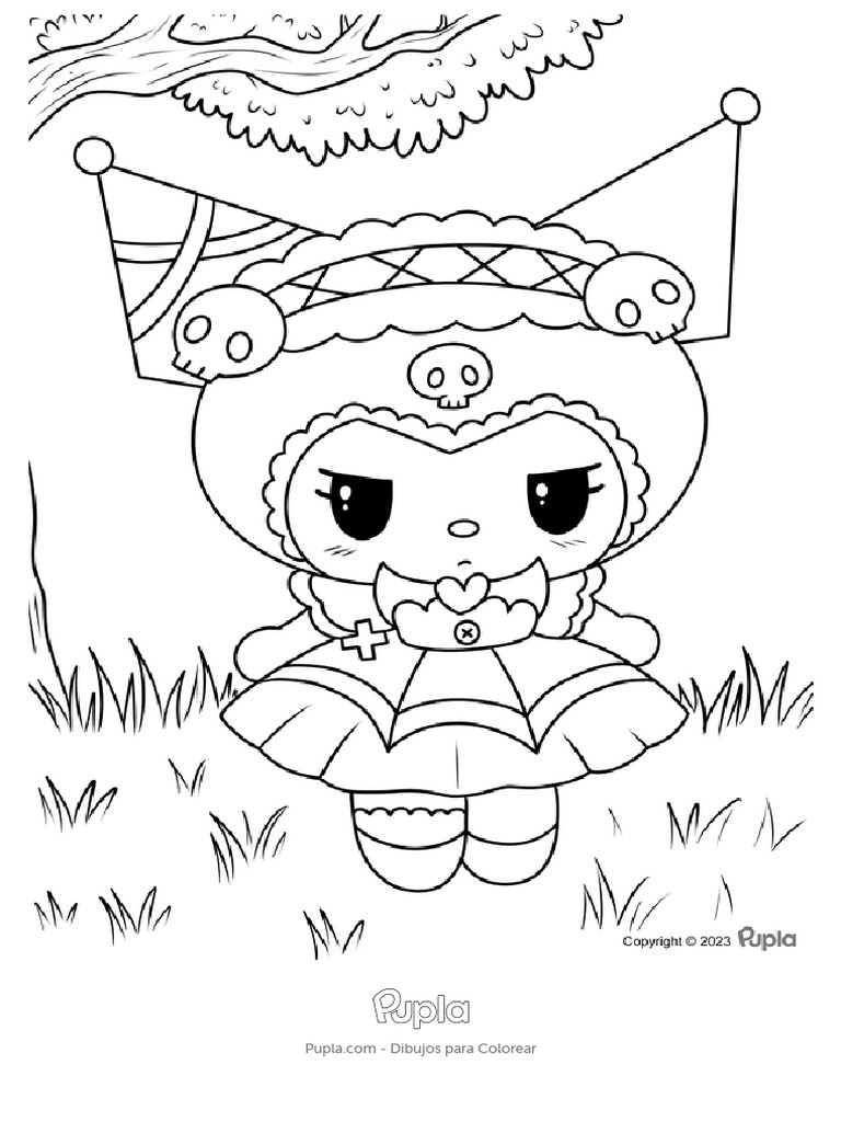 kuromi-est-triste-bajo-un-rbol-dibujo-para-colorear-gratis-para-pdf