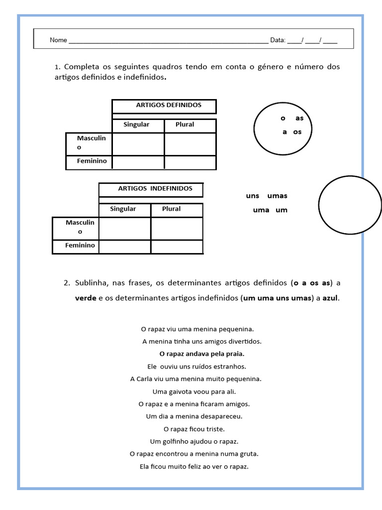 Exercícios sobre Artigos Definidos e Indefinidos | PDF | Artes ...