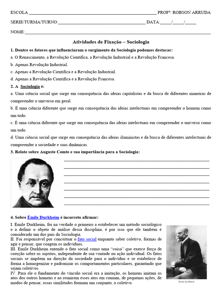 Atividades sobre o Surgimento da Sociologia | PDF | Sociologia | Émile ...