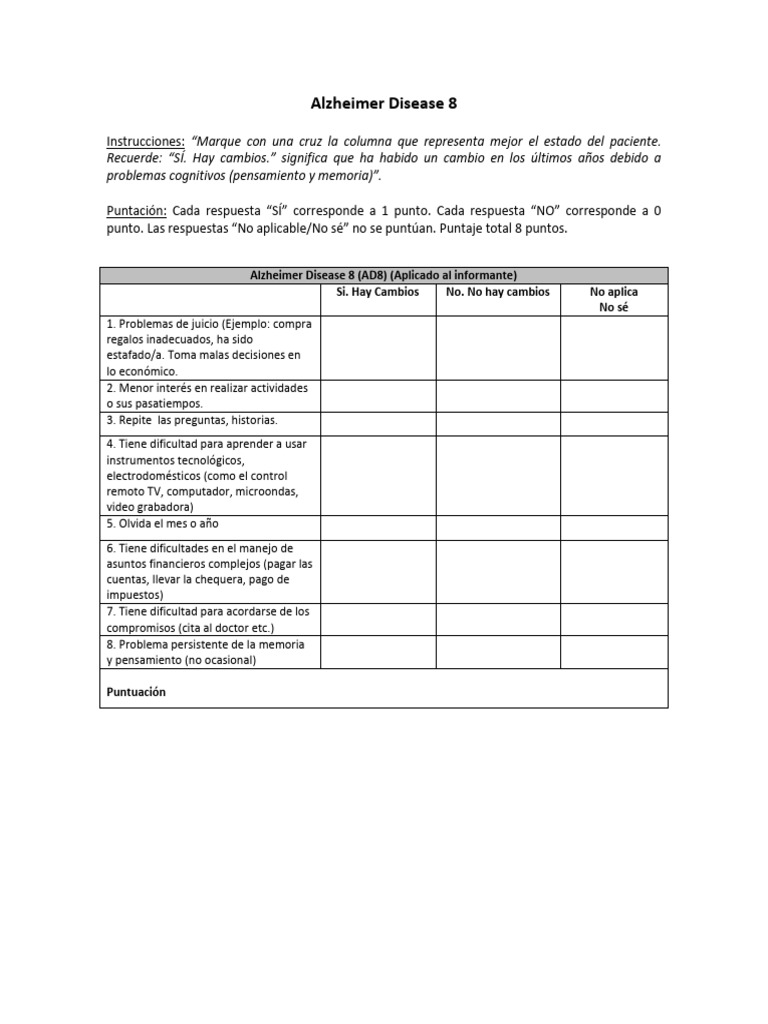 Evaluación AD8 de Alzheimer | PDF | Relaciones personales, crianza y ...