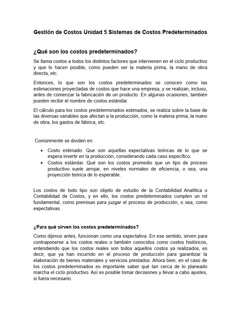 Unidad 5 Sistemas de Costos Predeterminados | PDF | Costo | Presupuesto