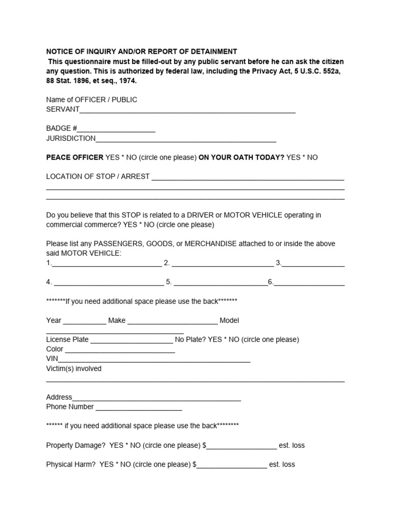 Detainment Inquiry Form for Officers | PDF