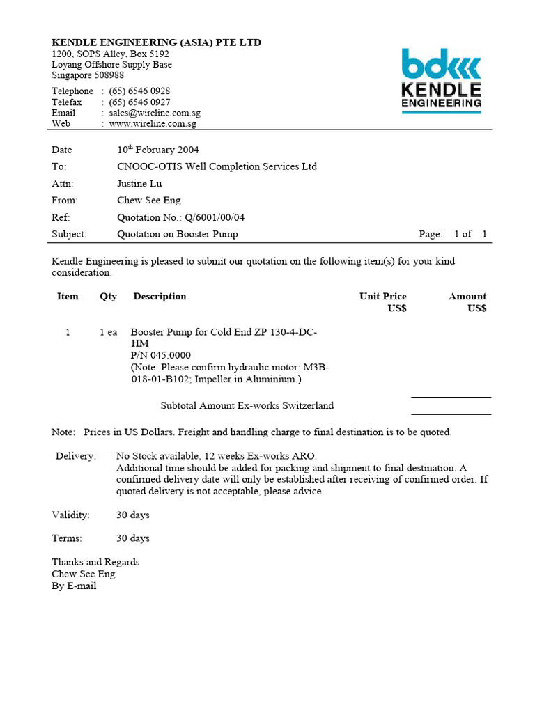 Quotation for Booster Pump by Kendle Engineering | PDF