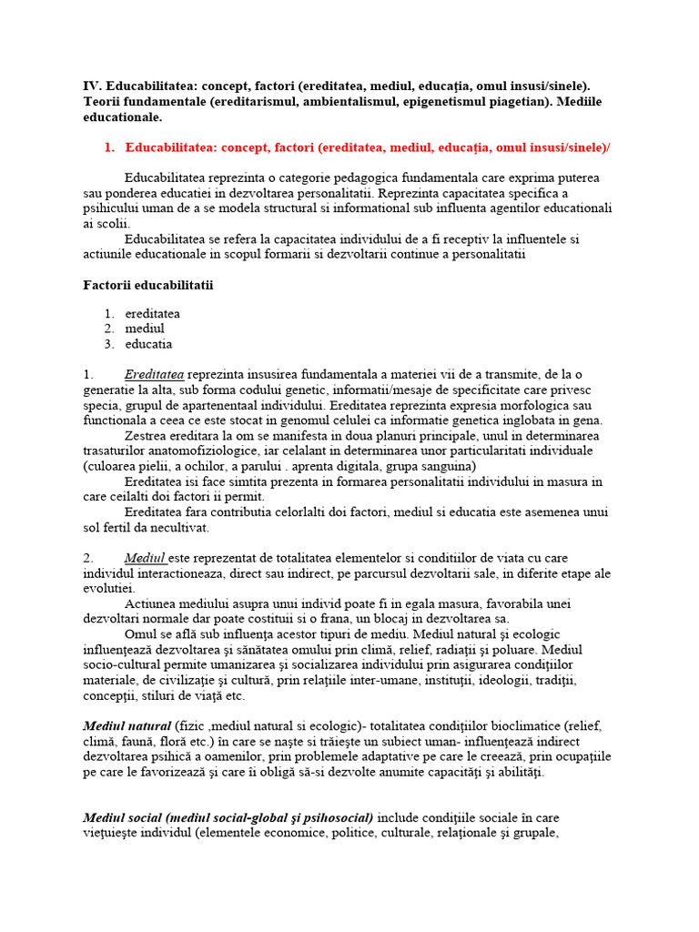 Educabilitatea: Concept, Factori (Ereditatea, Mediul, Educaţia, Omul ...
