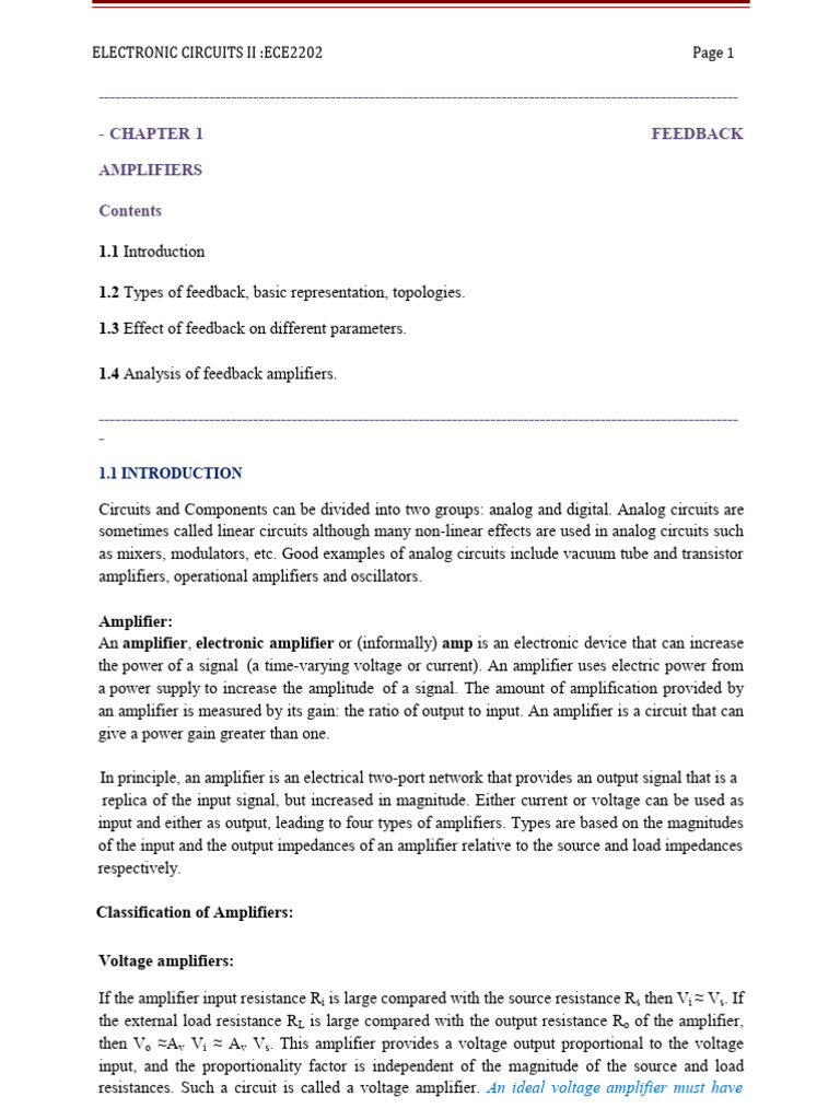 Feedback Amplifiers in Electronic Circuits | PDF | Amplifier ...