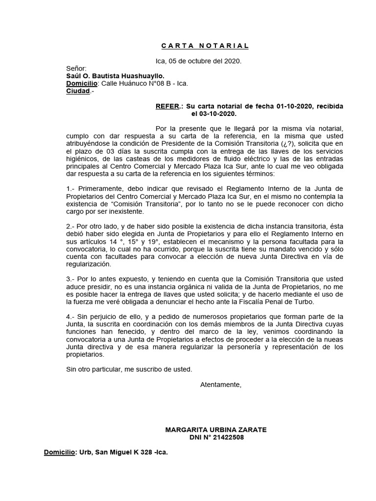 Carta Notarial de Respuesta Margarita Urbina Zarate Saul Bautista Huashuayllo 05102020