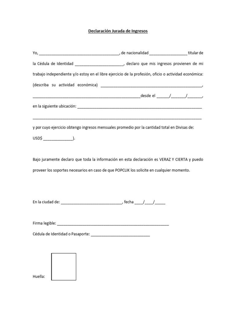 Modelo de Declaración Jurada de Ingresos | PDF | Finanzas y dinero