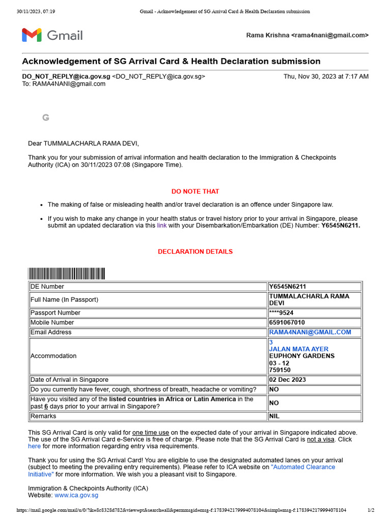 Gmail - Acknowledgement of SG Arrival Card & Health Declaration ...