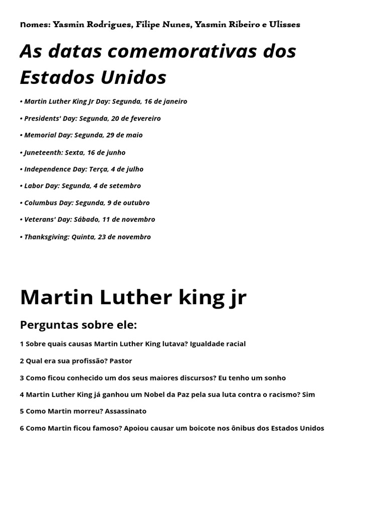 As Datas Comemorativas Dos Estados Unidos | PDF