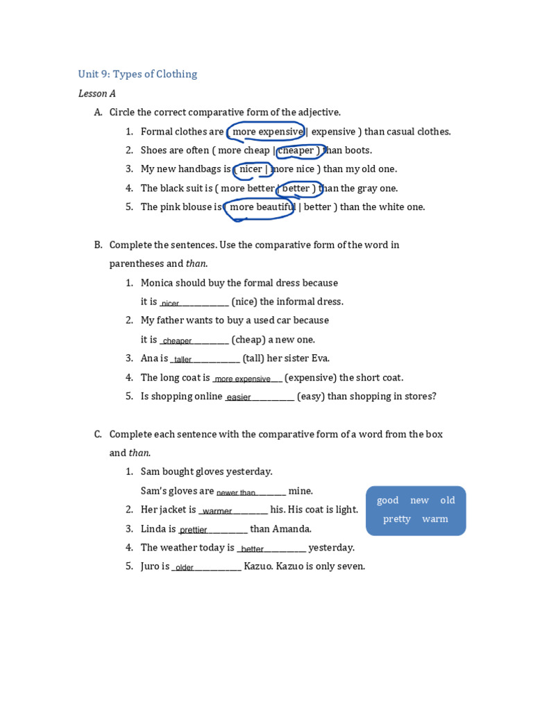 Unit 9 Worksheets | PDF | Clothing | Style